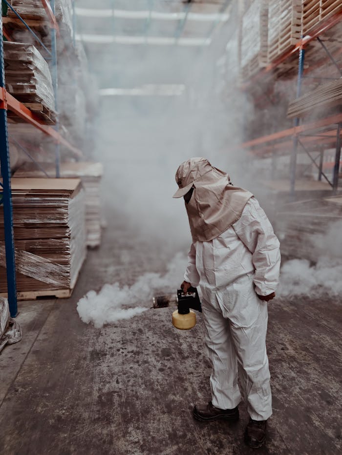 Exterminator performing fumigation in a warehouse. Safety gear and smoke management techniques in place.